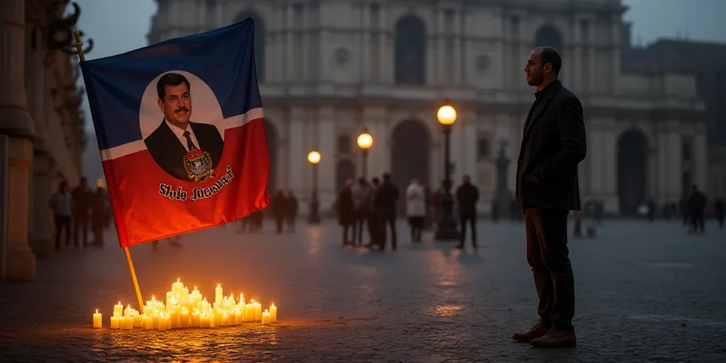 a man is standing next to a flag with a picture of a man on it and candles on the ground, Estuardo M