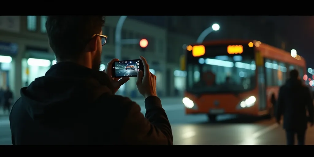 a man is taking a picture of a bus at night with his cell phone in his hand and people walking by, E