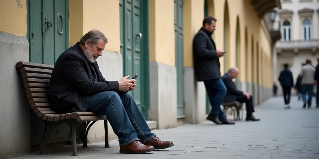a man leaning against a wall while another man looks at his cell phone in the street while another m