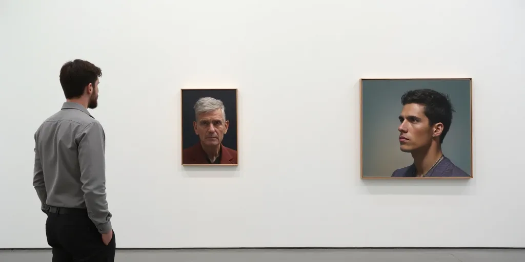 a man looking at a painting on a wall in a room with a white wall and a white wall, Ed Paschke, cont