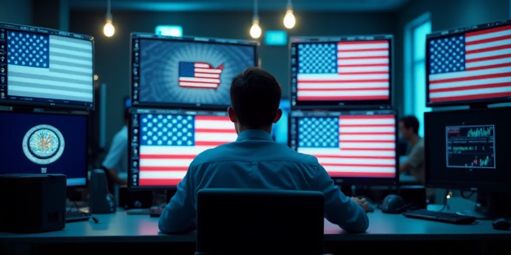 a man looking at multiple monitors with an american flag on them in a stock market with other monito