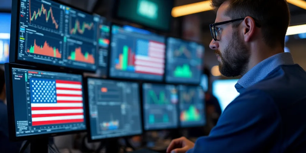 a man looking at multiple monitors with an american flag on them in a stock market with other monito