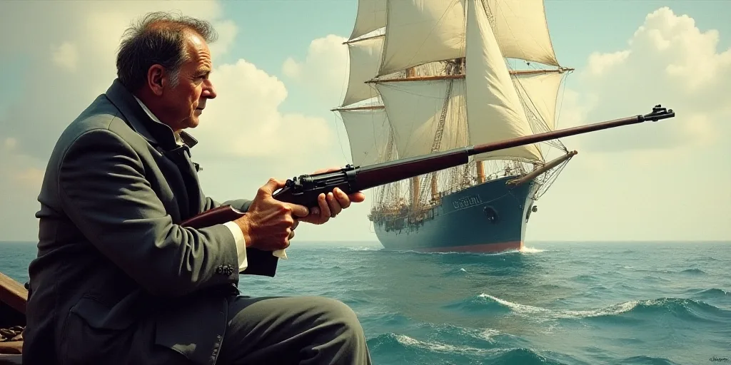 a man on a boat with a gun and a gun in hand, and a large ship in the background, Donald Sherwood, 1