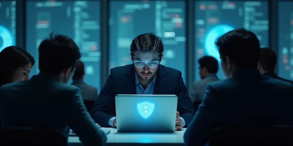 a man on a laptop surrounded by people with a security pad on his phone and a shield on his head, An