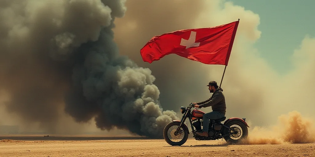 a man on a motorcycle holding a flag in front of a large plume of smoke and black smoke behind him,