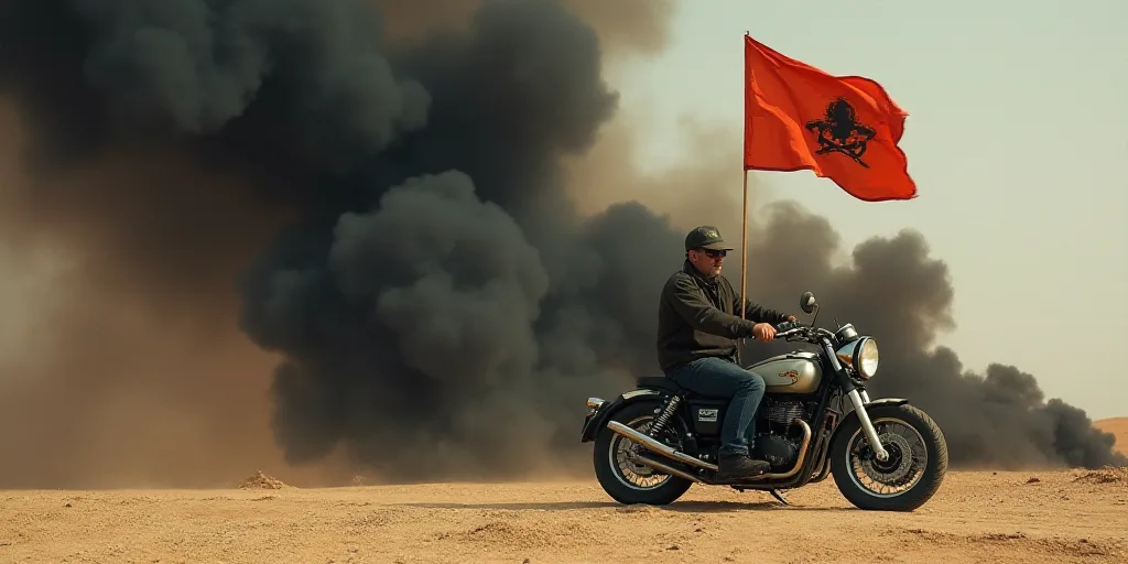 a man on a motorcycle holding a flag in front of a large plume of smoke and black smoke behind him,
