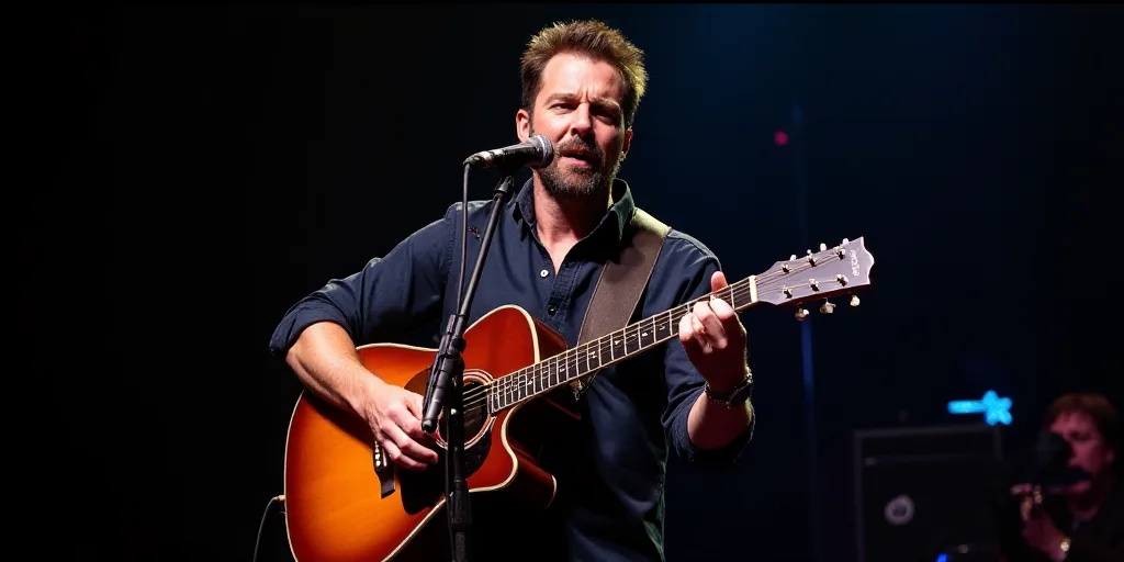 a man playing a guitar and singing into a microphone on stage at a concert or concert hall with a mi