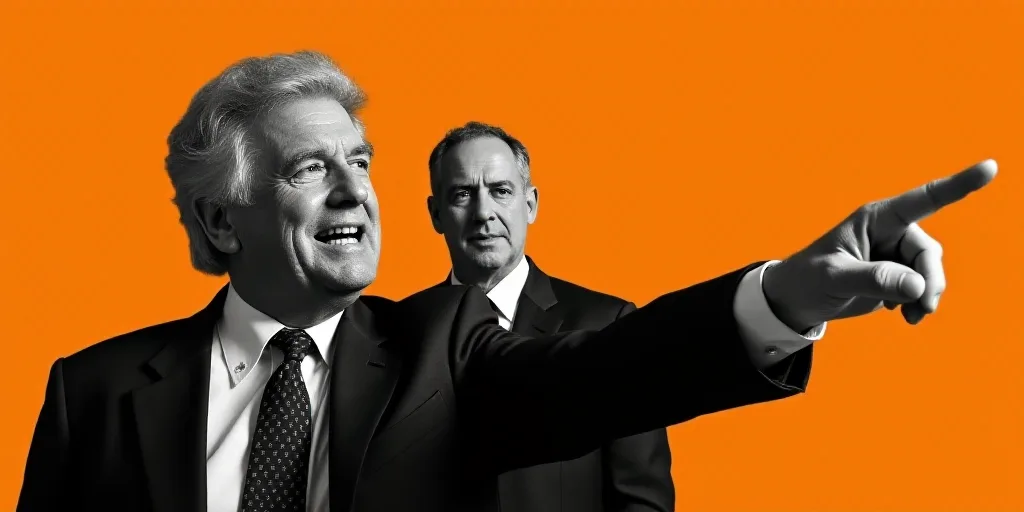 a man pointing a finger at something while another man looks on behind him and a man in a suit is po