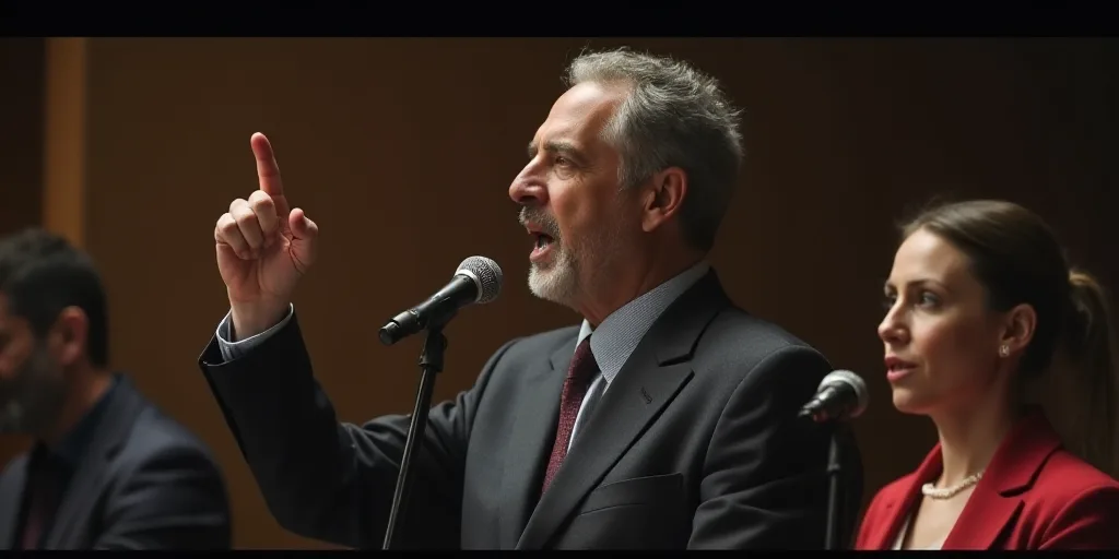 a man pointing at something while standing in front of a microphone and a woman behind him with a mi
