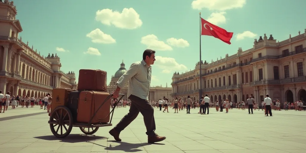 a man pushing a cart with luggage on it in a plaza with people walking around and a flag flying in t
