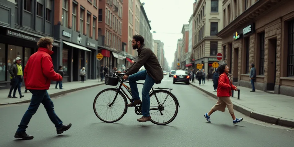 a man riding a bike down a street next to a woman walking down the sidewalk with a red jacket, Feder