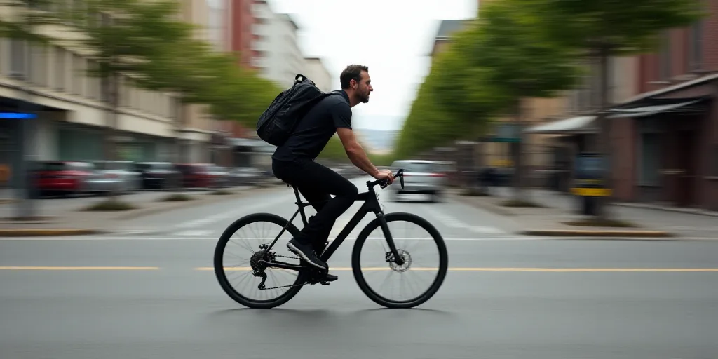 a man riding a bike down a street with a backpack on the back of it's back pack, Federico Uribe, hyp