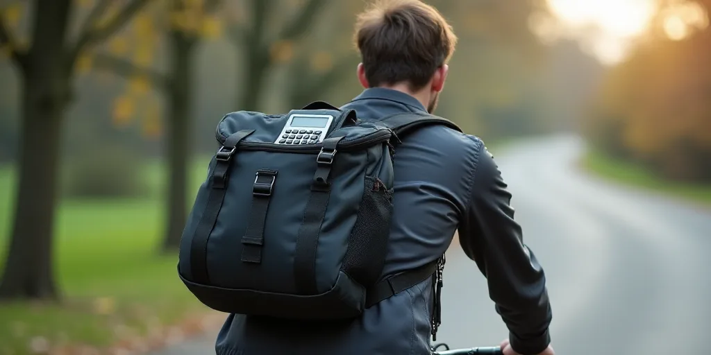 a man riding a bike with a cell phone and a bag on the back of it and a calculator, Ed Benedict, tec