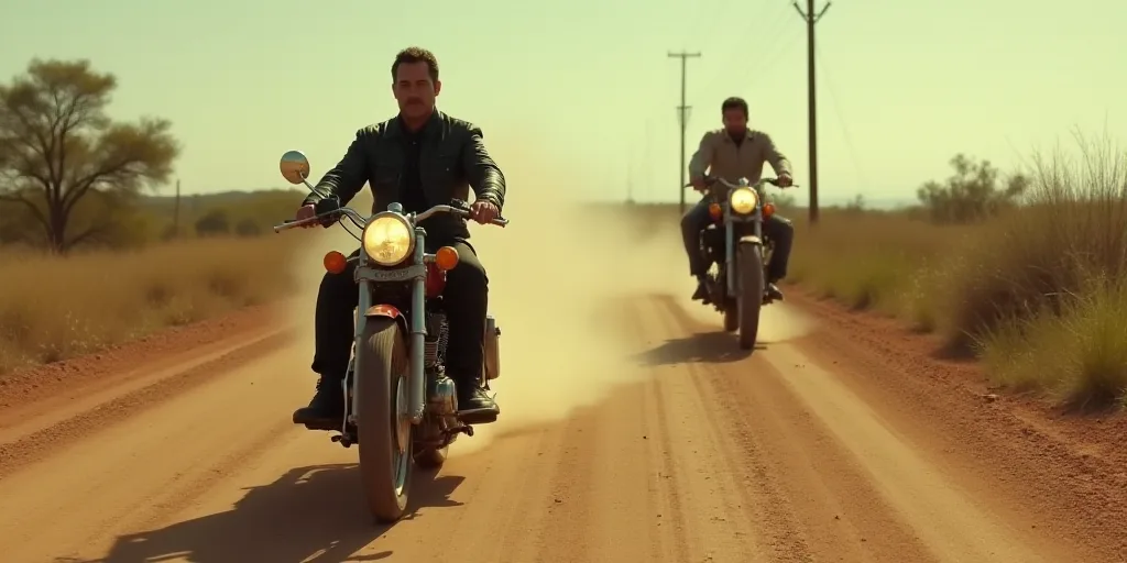 a man riding a motorcycle down a dirt road with a gun in his hand and another man on the back of the