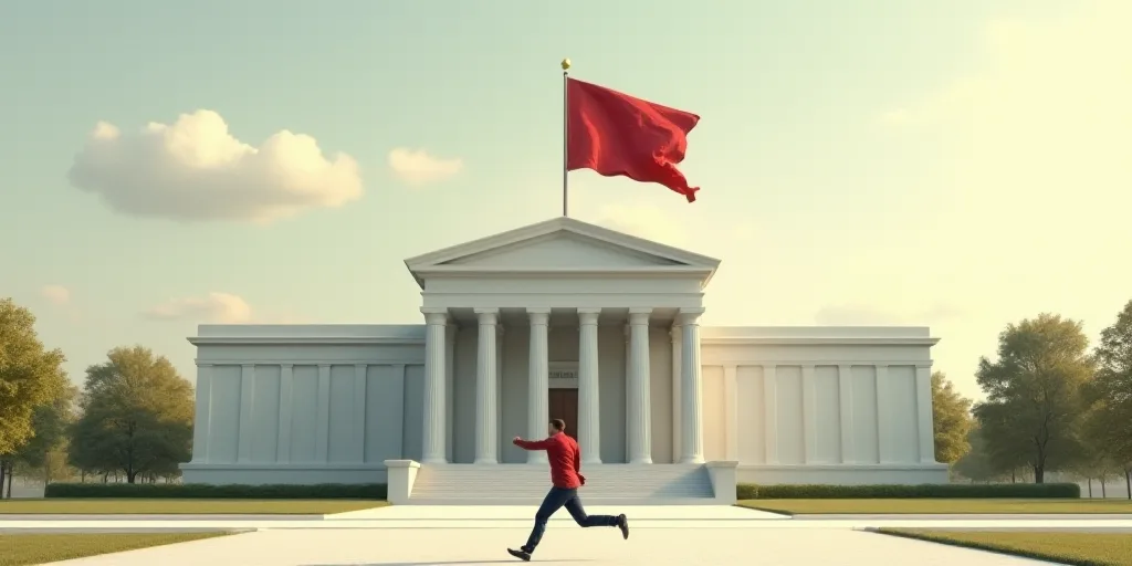 a man running in front of a building with a flag on top of it and a flag flying in the wind, Dennis