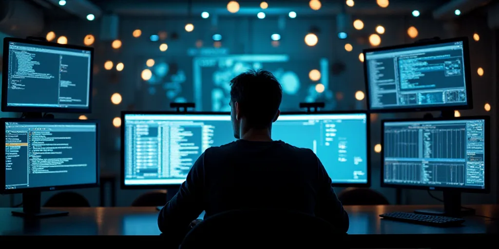 a man sitting at a desk in front of a computer monitor with multiple monitors on it and a lot of lig
