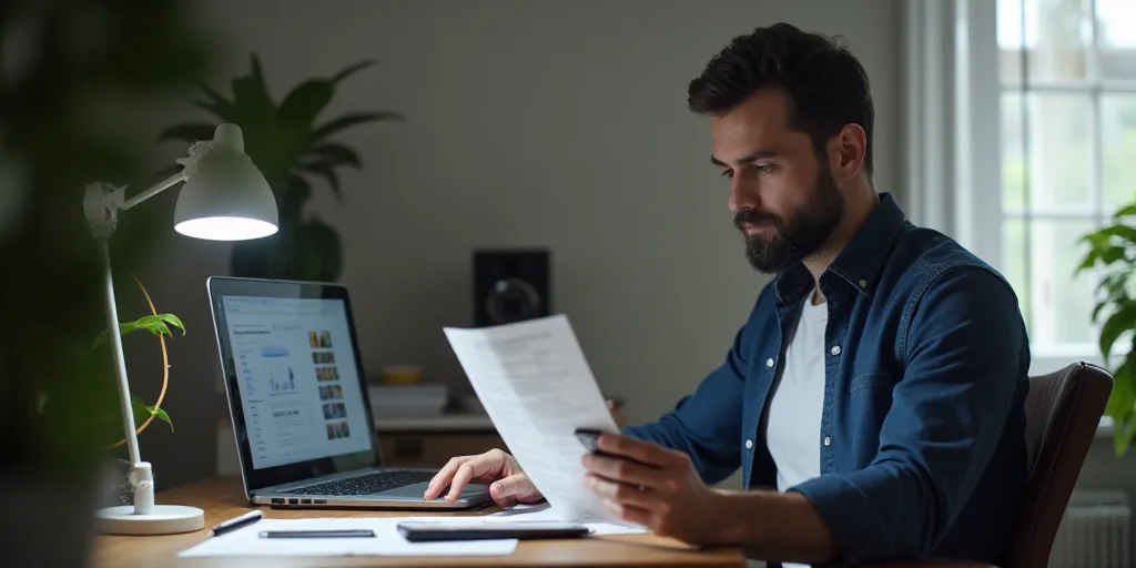 a man sitting at a desk using a laptop computer and holding a cell phone in his hand and looking at
