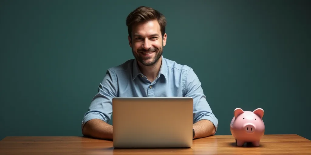 a man sitting at a table with a laptop computer in front of him and a piggy bank behind him, Conrad