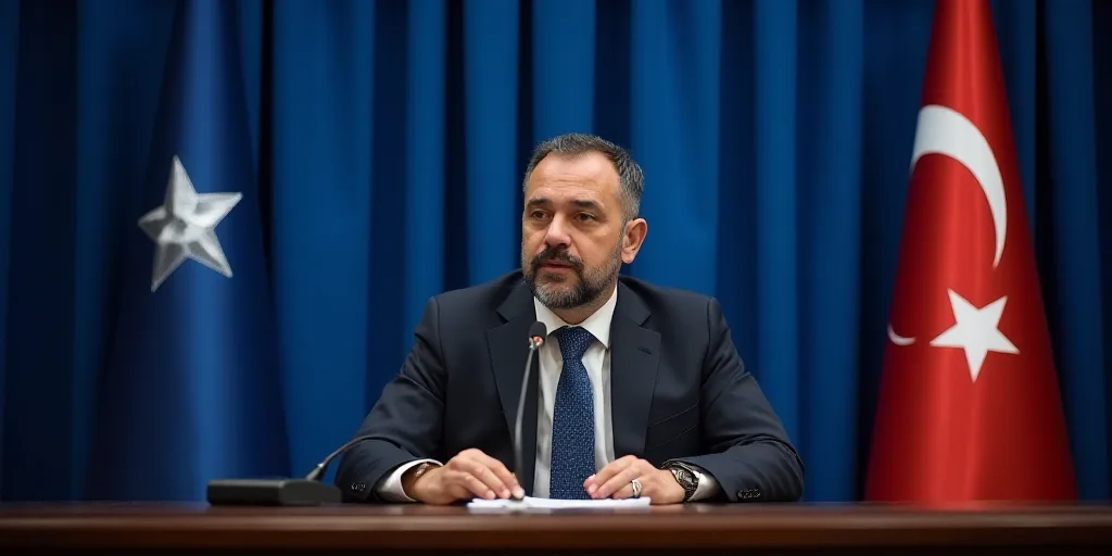a man sitting at a table with a microphone in front of him and a flag behind him in front of a blue