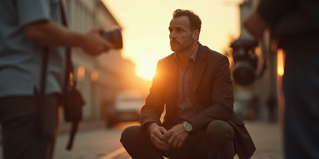 a man sitting down with a camera in his hand and a camera in his other hand, with a person holding a