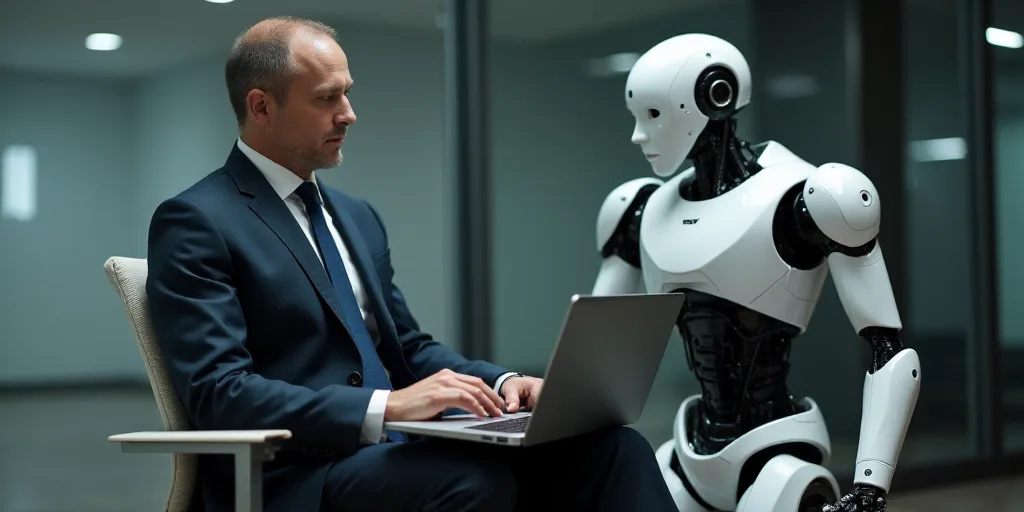 a man sitting in a chair with a laptop in front of him and a robot behind him, both of which are wea