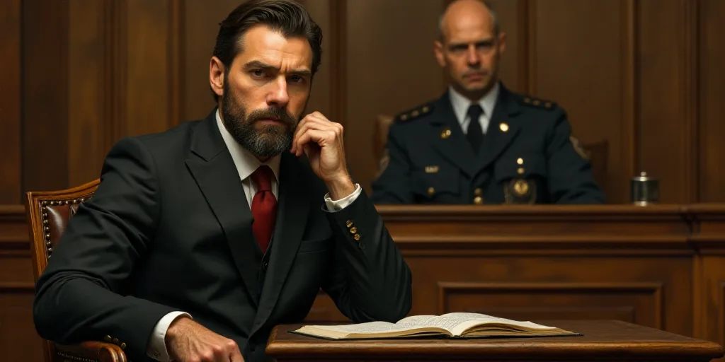 a man sitting in a courtroom with a judge behind him and a cop standing behind him in the background