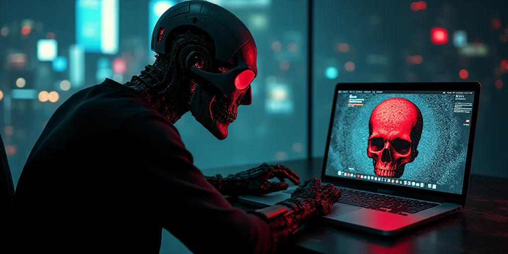 a man sitting in front of a laptop computer with a skull on it's face and a red skull on the screen,