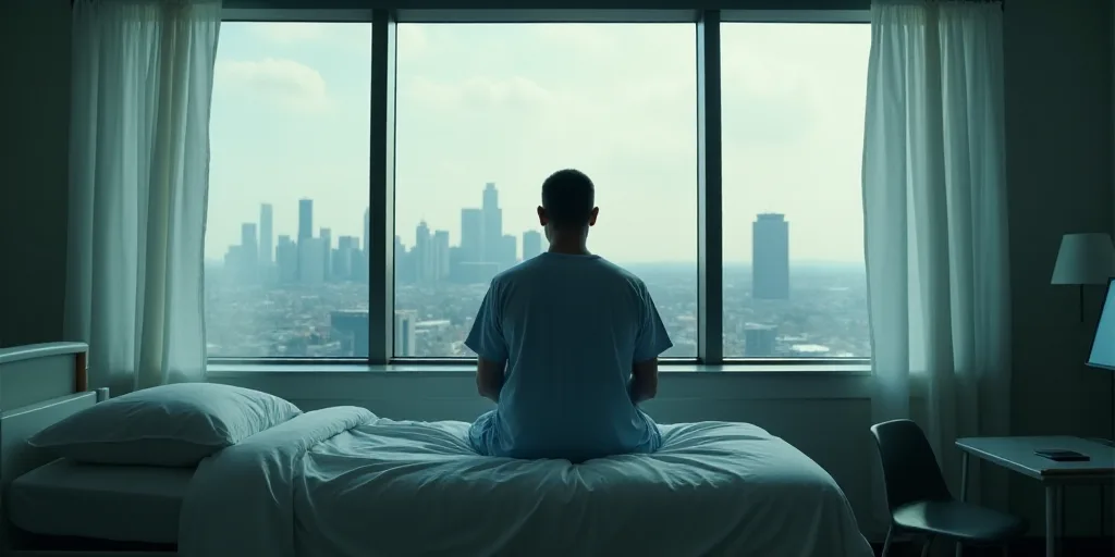 a man sitting on a bed looking out a window at a city skyline in the distance, with a hospital bed i