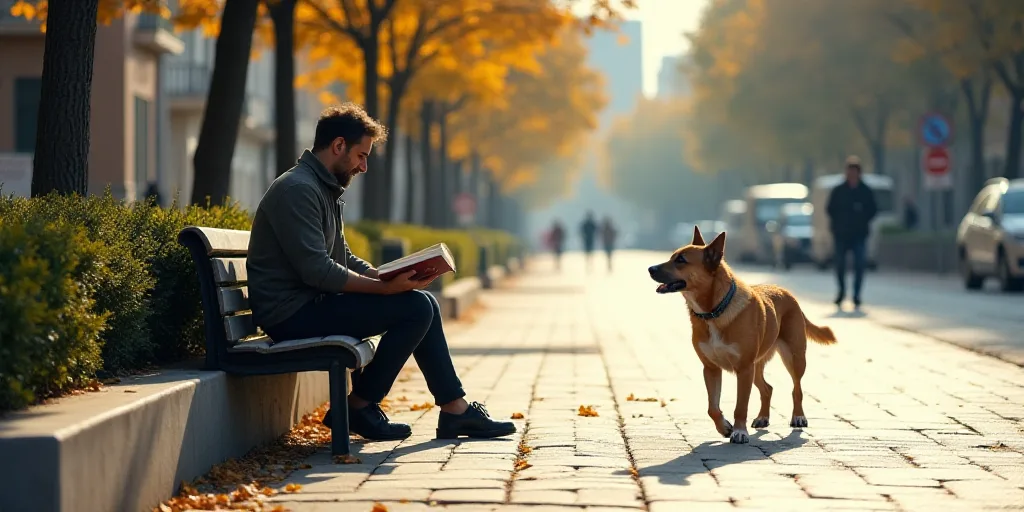 a man sitting on a bench while holding a book in his hands and a dog walking by him on the sidewalk,