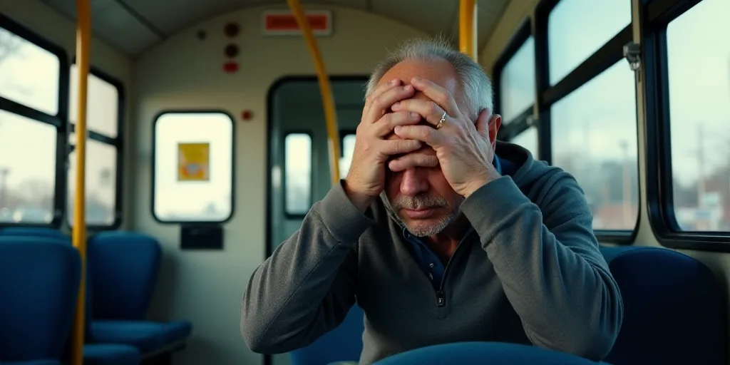 a man sitting on a bus holding his head in his hands and covering his eyes with his hands, with a si
