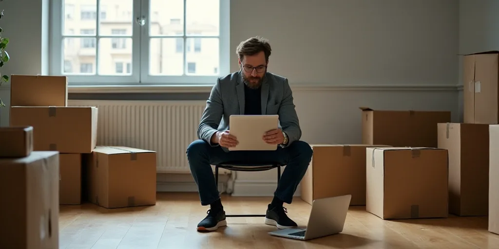 a man sitting on a chair in a room with boxes and boxes around him and a laptop on the floor, Aaron