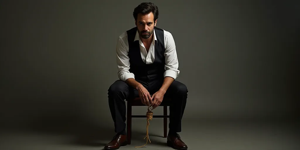 a man sitting on a chair with his hands tied up to his knees and his hands on the chair, Evert Colli