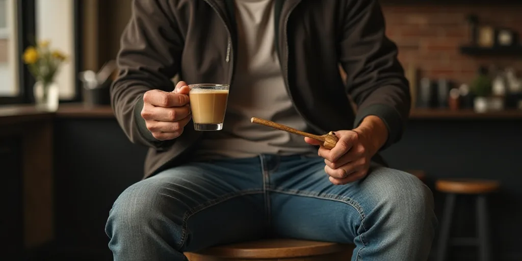 a man sitting on a stool holding a wooden stick in his hand and a cup of coffee in his other hand, B