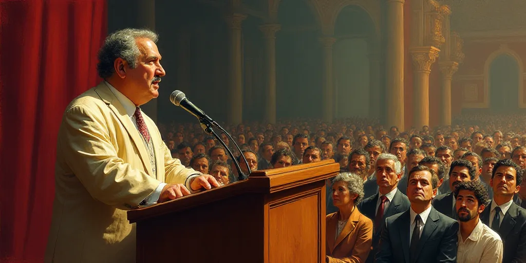 a man speaking at a podium with a crowd watching him and a microphone in front of him with a microph