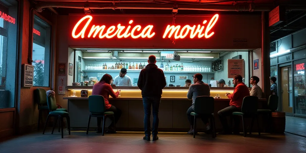 a man standing at a counter in front of a sign that says america movil and people sitting at a table