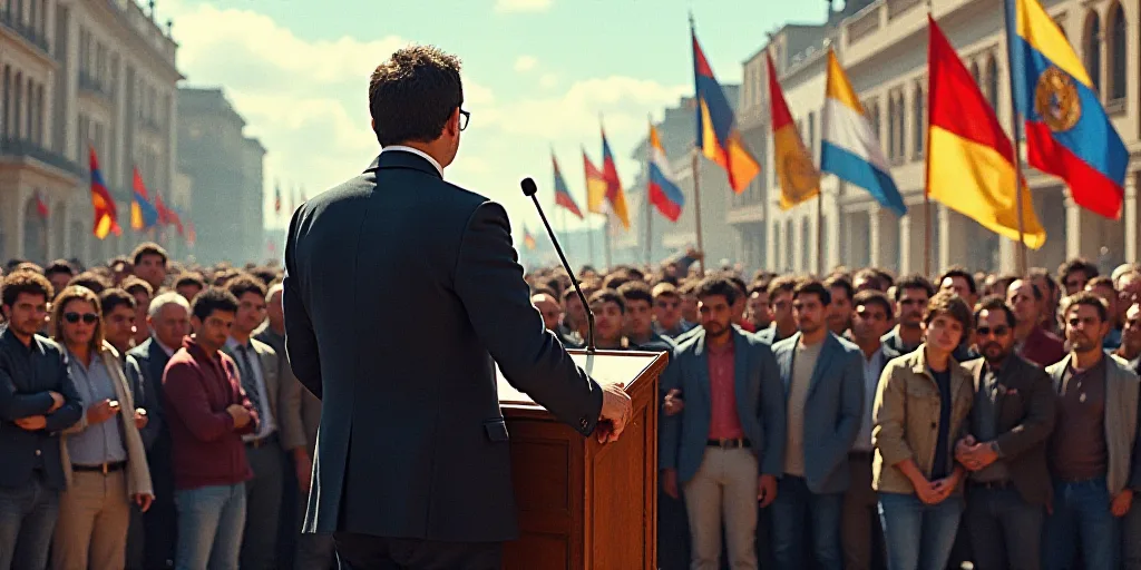 a man standing at a podium giving a speech to a crowd of people in front of a sign with flags, Estua