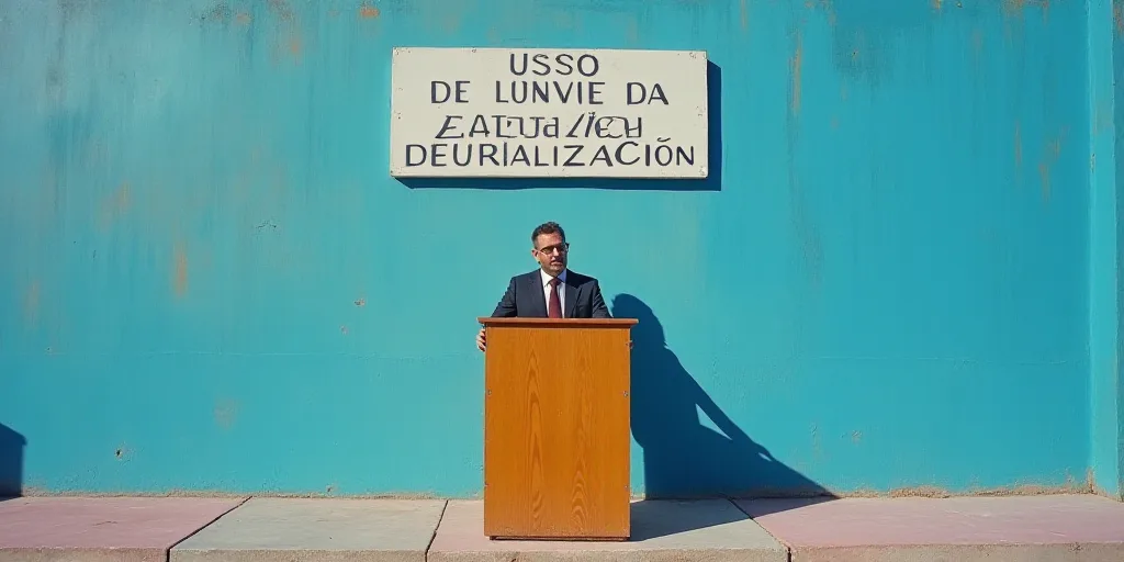 a man standing at a podium giving a speech in front of a blue wall with a sign that reads curso bier