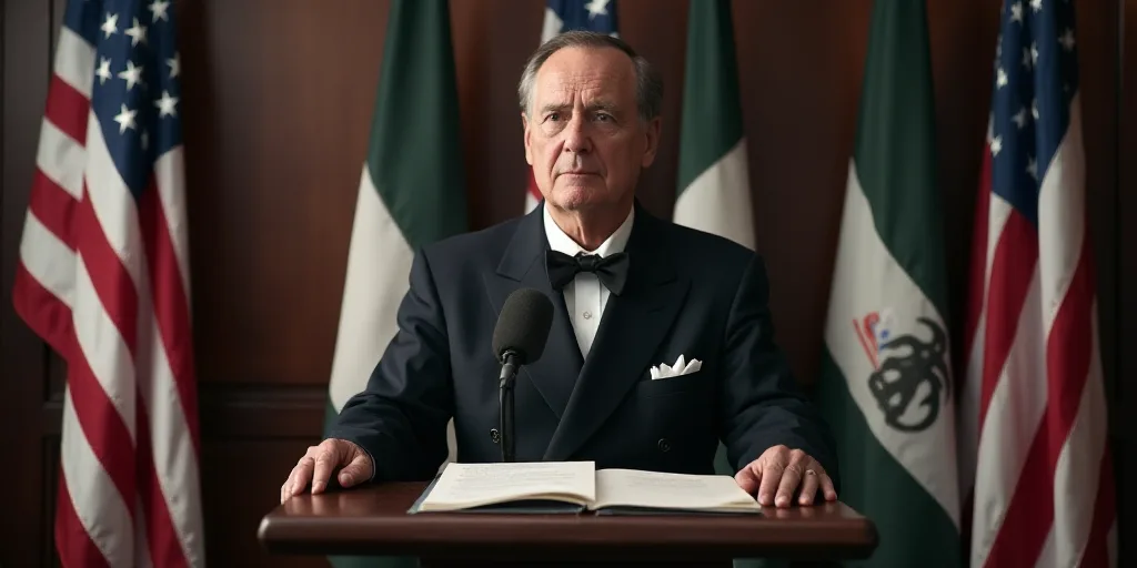 a man standing at a podium in front of flags and a microphone with papers in front of him and a micr