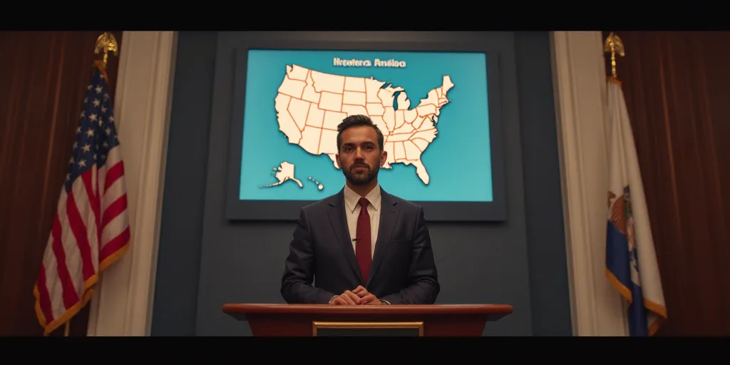 a man standing at a podium in front of a map of the united states and a picture of a man in a suit,
