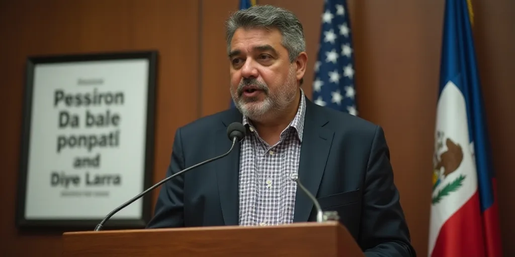 a man standing at a podium in front of a flag and a poster on the wall behind him that says,, Estuar