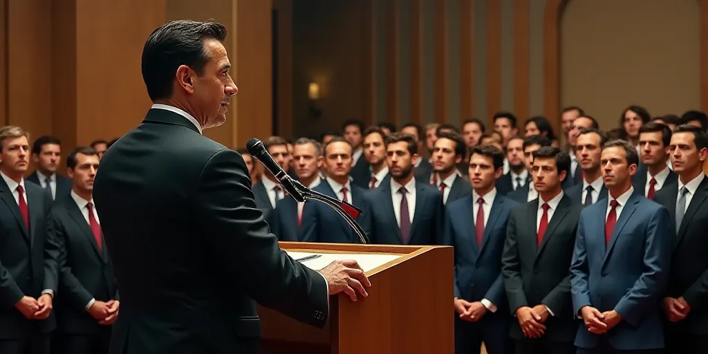 a man standing at a podium in front of a crowd of people in suits and ties, with a microphone in fro