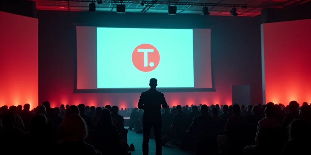 a man standing at a podium in front of a crowd of people in front of a screen with a logo on it, Edu