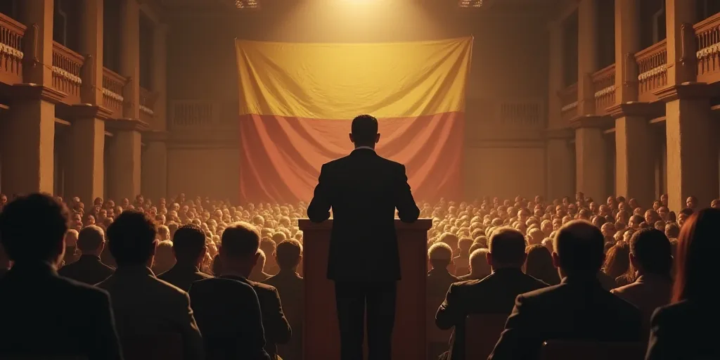 a man standing at a podium in front of a crowd of people in a building with a flag on the wall, Carl