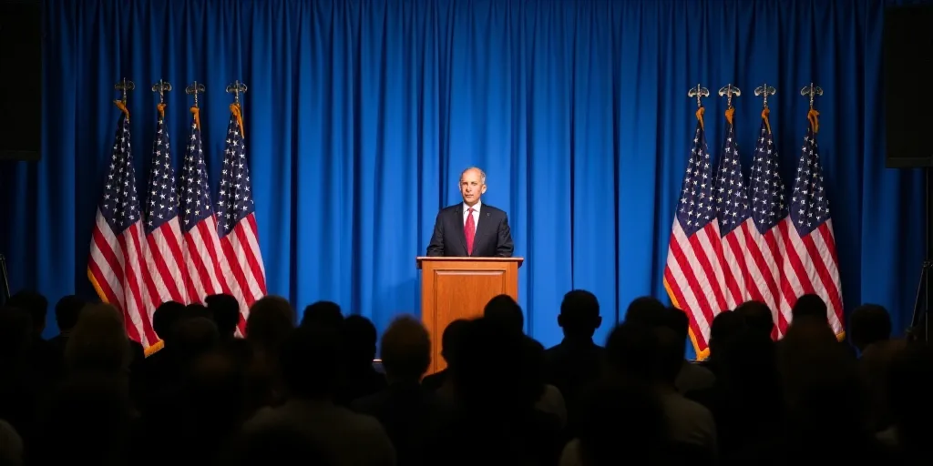a man standing at a podium in front of a crowd of people in front of a blue curtain with american fl