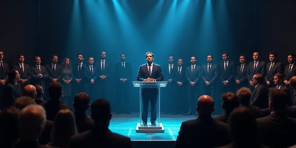 a man standing at a podium in front of a crowd of people in suits and ties, speaking at a podium, Ca