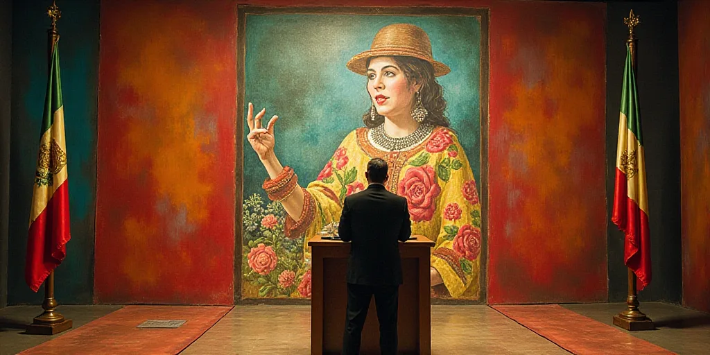a man standing at a podium in front of a flag and a poster of a woman in mexico on the wall, David A