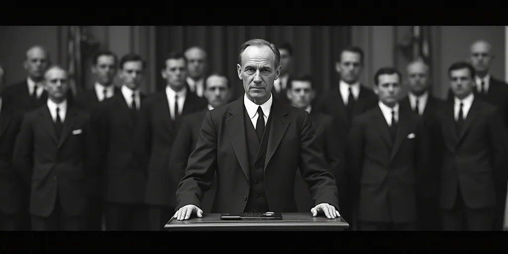 a man standing at a podium in front of a group of men in suits and ties standing behind a podium, Ca