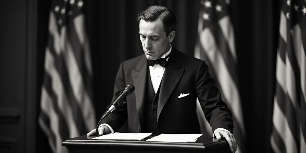 a man standing at a podium in front of flags and a microphone with papers in front of him and a micr