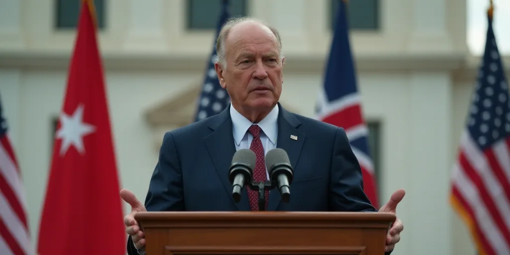 a man standing at a podium in front of a building with flags behind him and a microphone in front of