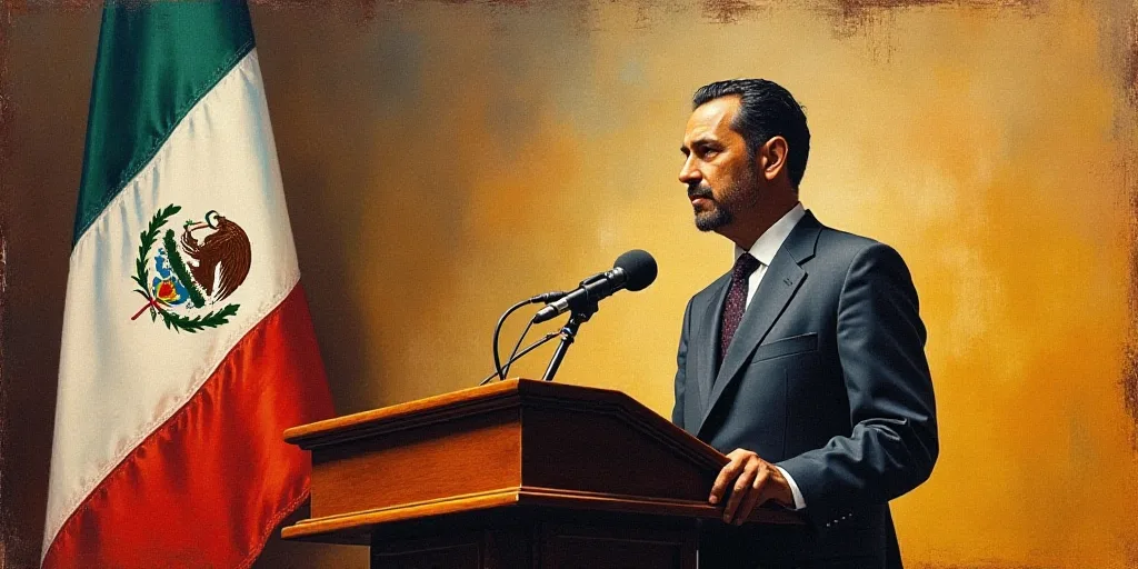 a man standing at a podium with a microphone in front of him and a flag behind him in the background